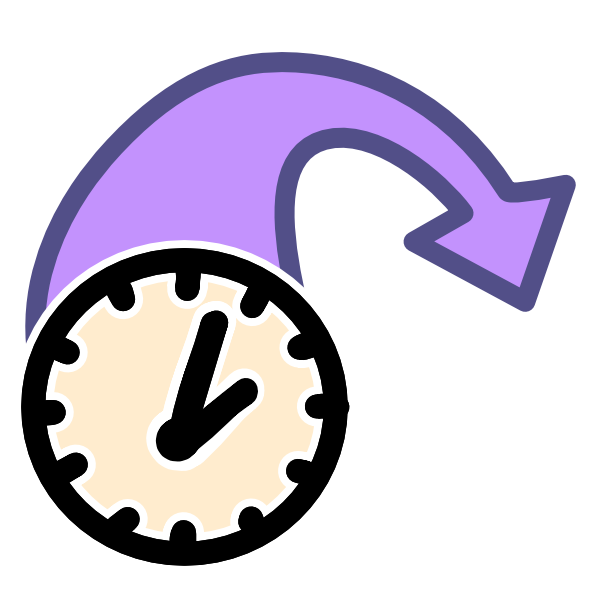 a clock with a purple arrow coming away from it curving to the right, it narrows as it travels to give the effect of pointing to something a long distance away